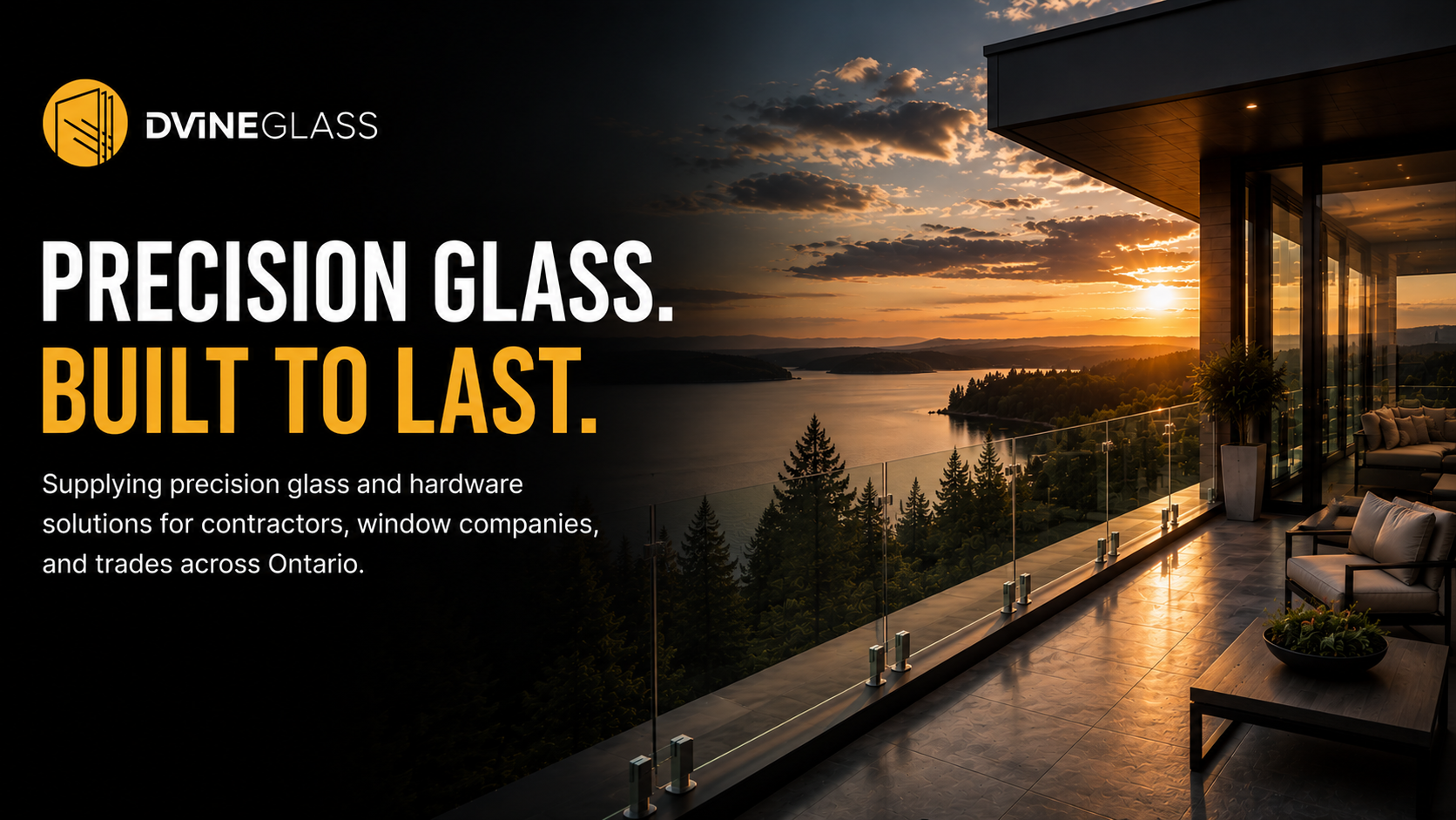 Promotional graphic for Divine Glass featuring a modern glass balcony overlooking a sunset lake landscape. Large text reads 'PRECISION GLASS.