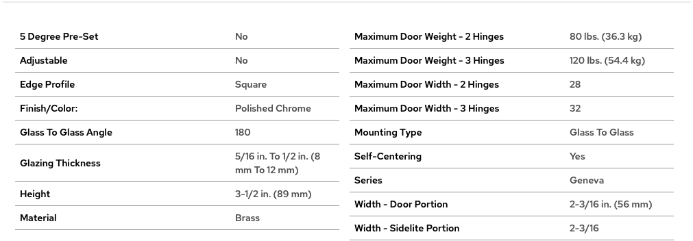 CRL Polished Chrome Geneva 180 Series 180 Degree Glass-to-Glass Standard Hinge